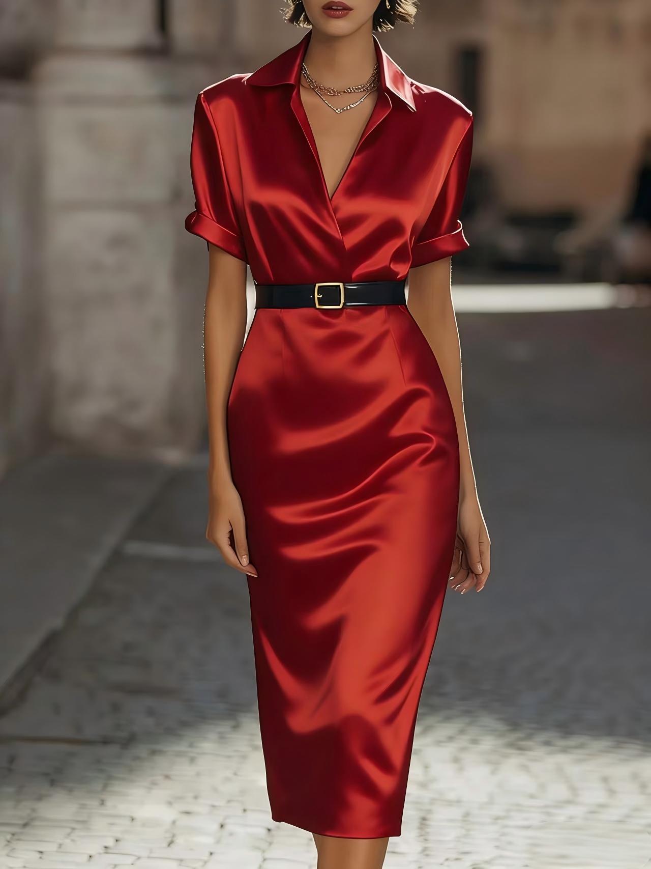 Glamorous Women's Satin Belted Midi Dress | 6 Colors, V-Neck Pencil Dress - Image 3