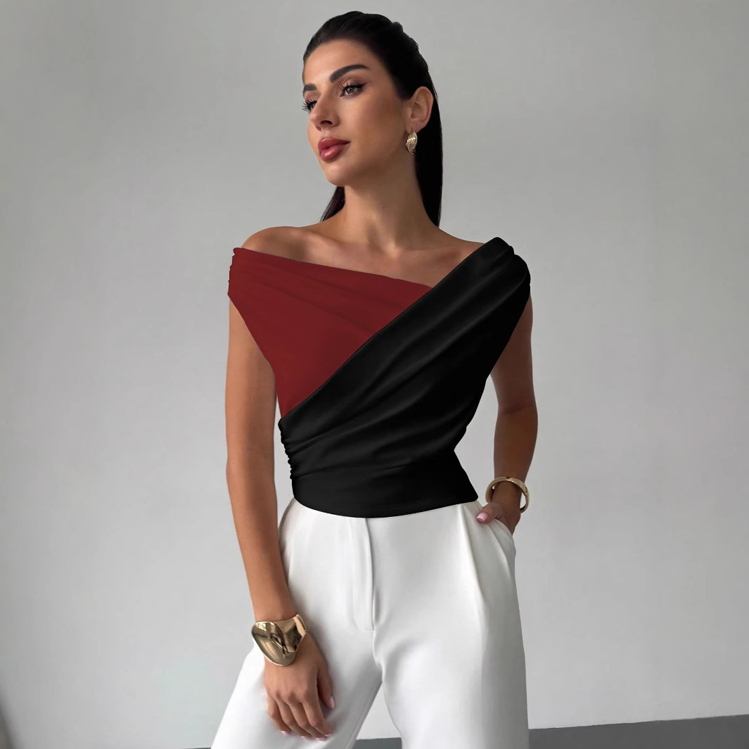 Trendy Slim-Fit Sleeveless Blouse for Women - Colorblock Off Shoulder Crop Top - Image 3