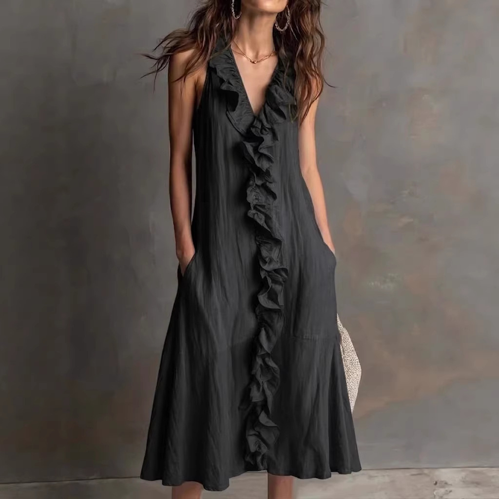 Breathtaking Women's Ruffle V-Neck Maxi Dress | 6 Colors, Linen Sleeveless - Image 2