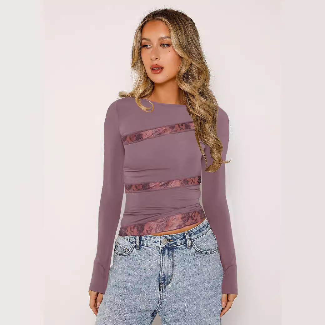 Irresistible Women's Lace Trim Crop Top | 4 Colors, Slim Fit Long Sleeve - Image 4