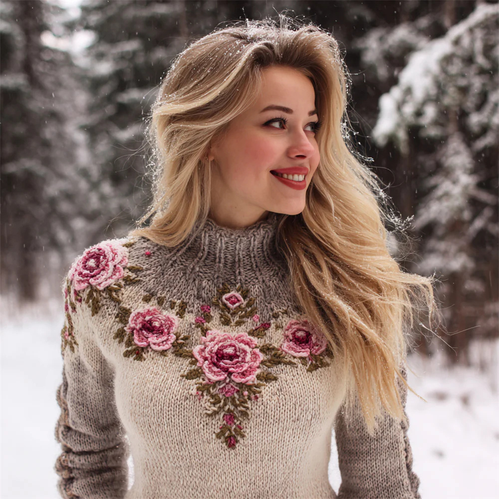 Breathtaking Women's 3D Floral Embellished Knit Sweater | 9 Sizes, Turtleneck - Image 8