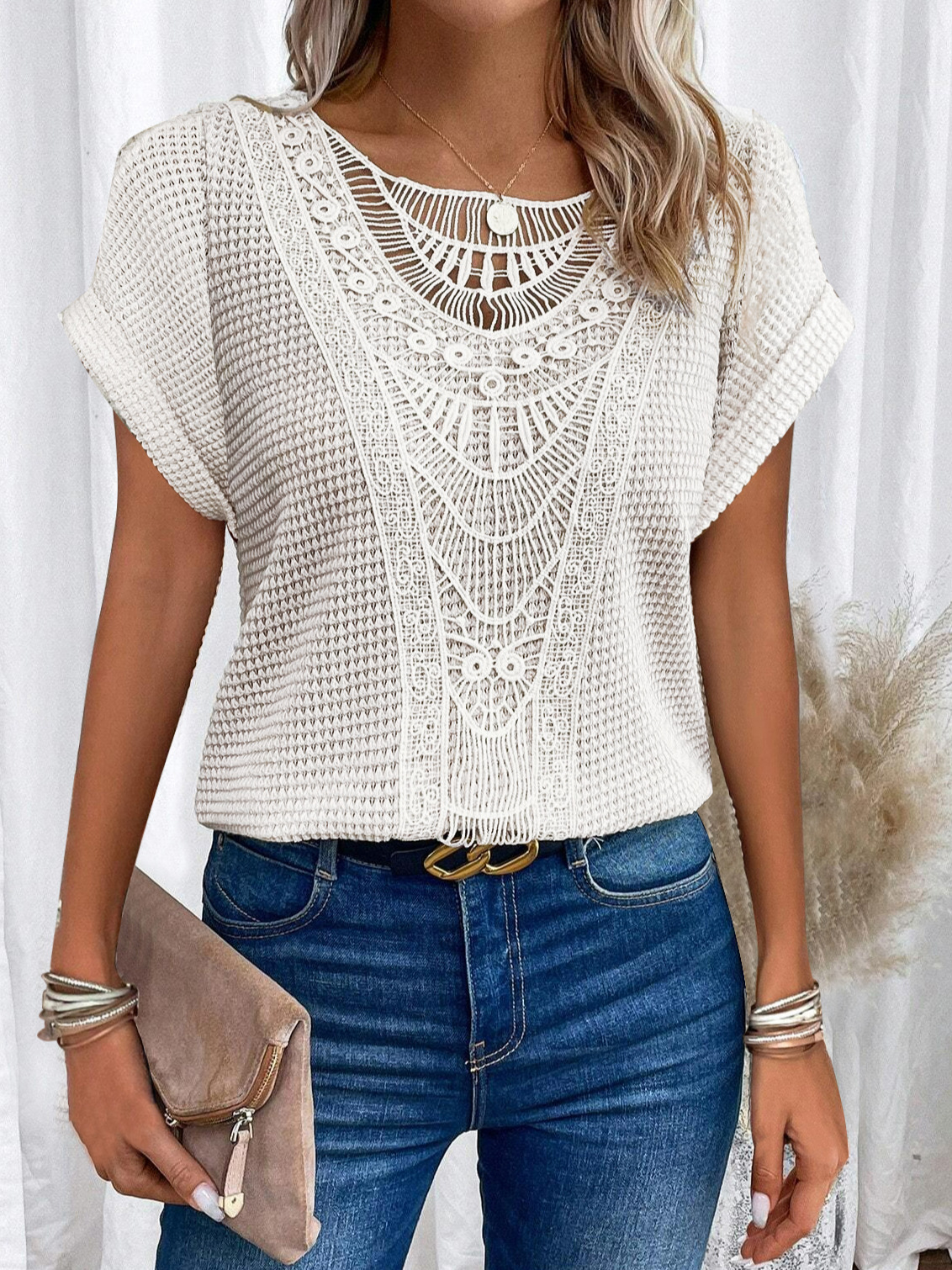 Lace Crochet Top: Elegant Short Sleeve Boho Blouse - Image 3