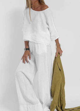 Women's Cotton Two Piece Wide Leg Pants Set - Image 6
