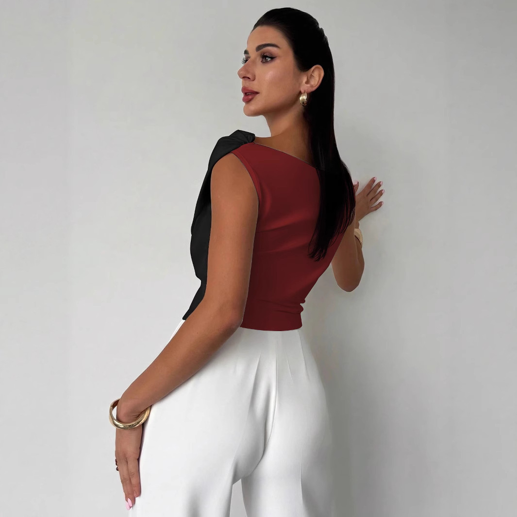 Trendy Slim-Fit Sleeveless Blouse for Women - Colorblock Off Shoulder Crop Top - Image 5