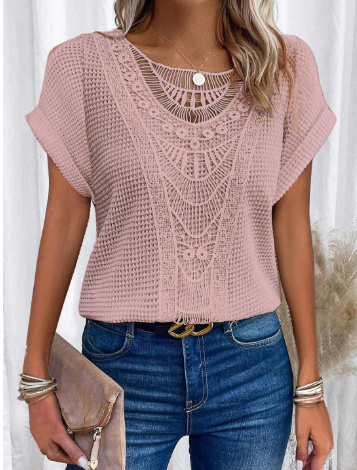 Lace Crochet Top: Elegant Short Sleeve Boho Blouse - Image 6