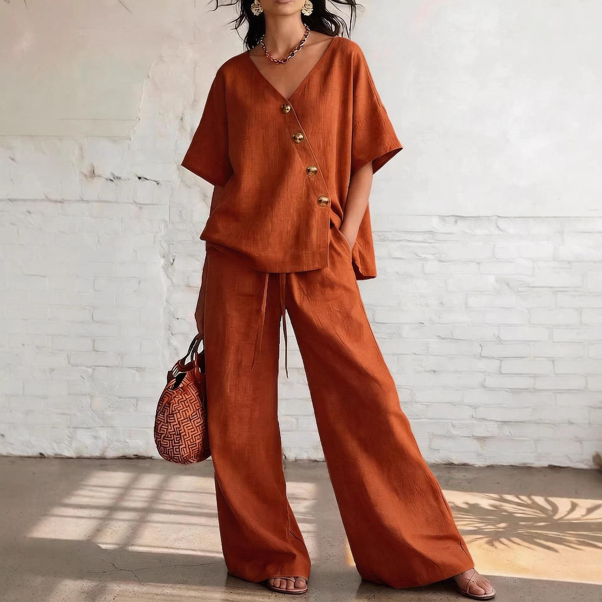 Irresistible Women's 2-Piece Linen Wide-Leg Pants Set | V-Neck Casual Outfit - Image 2