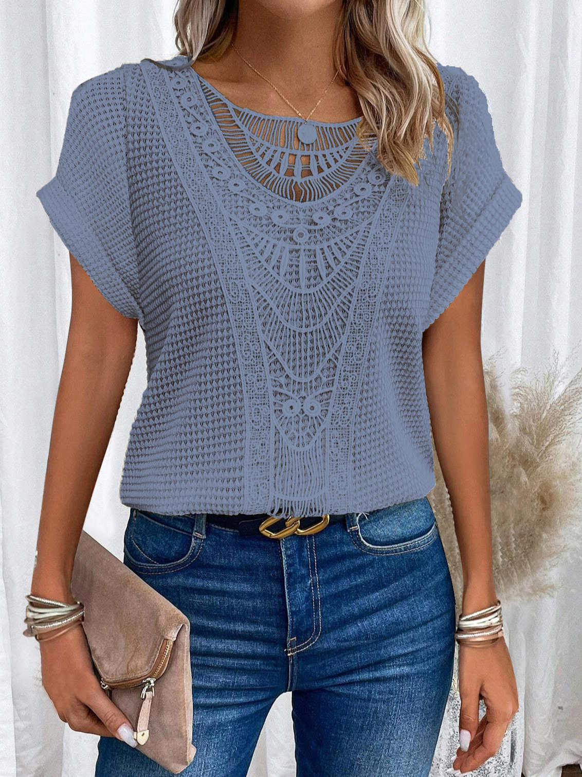 Lace Crochet Top: Elegant Short Sleeve Boho Blouse - Image 10