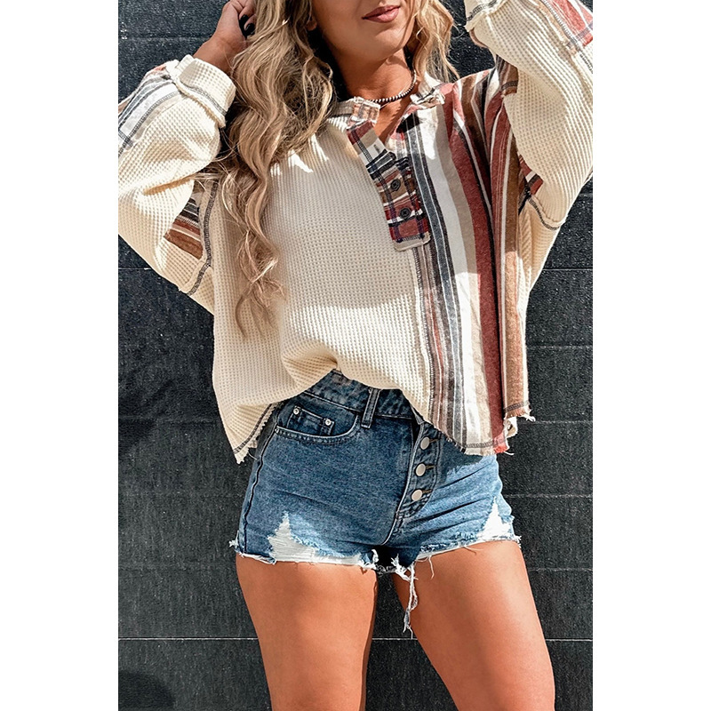 Waffle Knit Top - Trendy & Cozy Plaid Henley 3-Button - Image 2