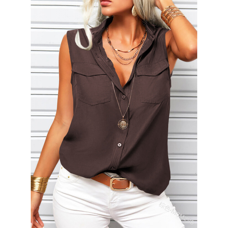 Stunning Women's Sleeveless Button-Down Blouse | 13 Colors, Pocket Top - Image 7