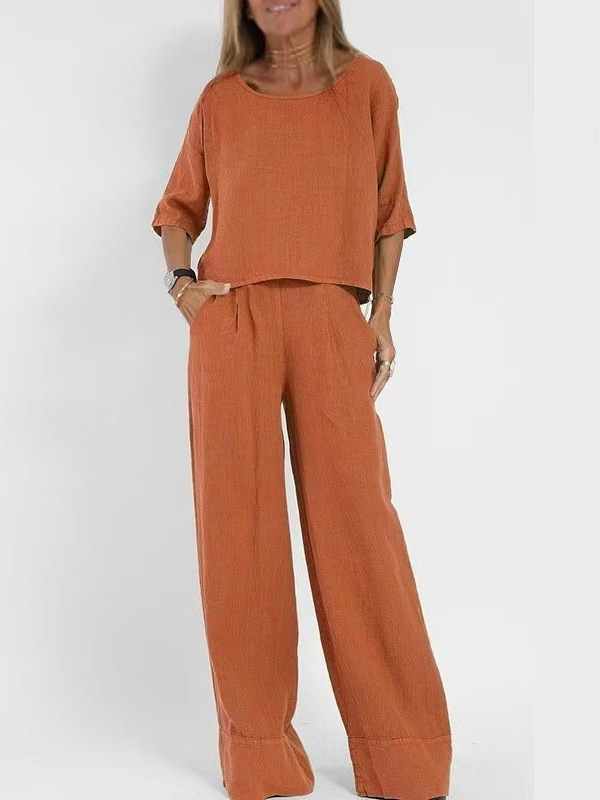 Women's Cotton Two Piece Wide Leg Pants Set - Image 9
