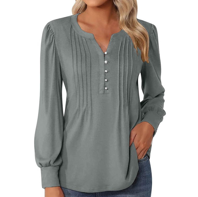 Sophisticated Pleated Henley Blouse – Elegant Long Sleeve Tunic Top - Image 6