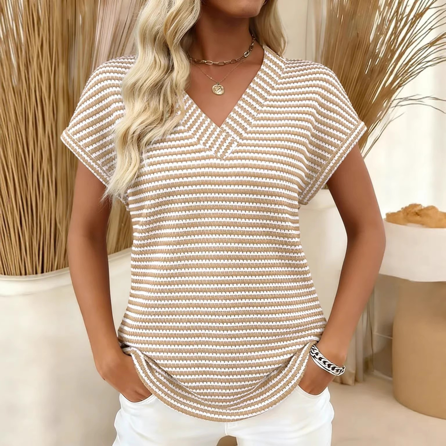 Women's Striped Knit V-Neck Top