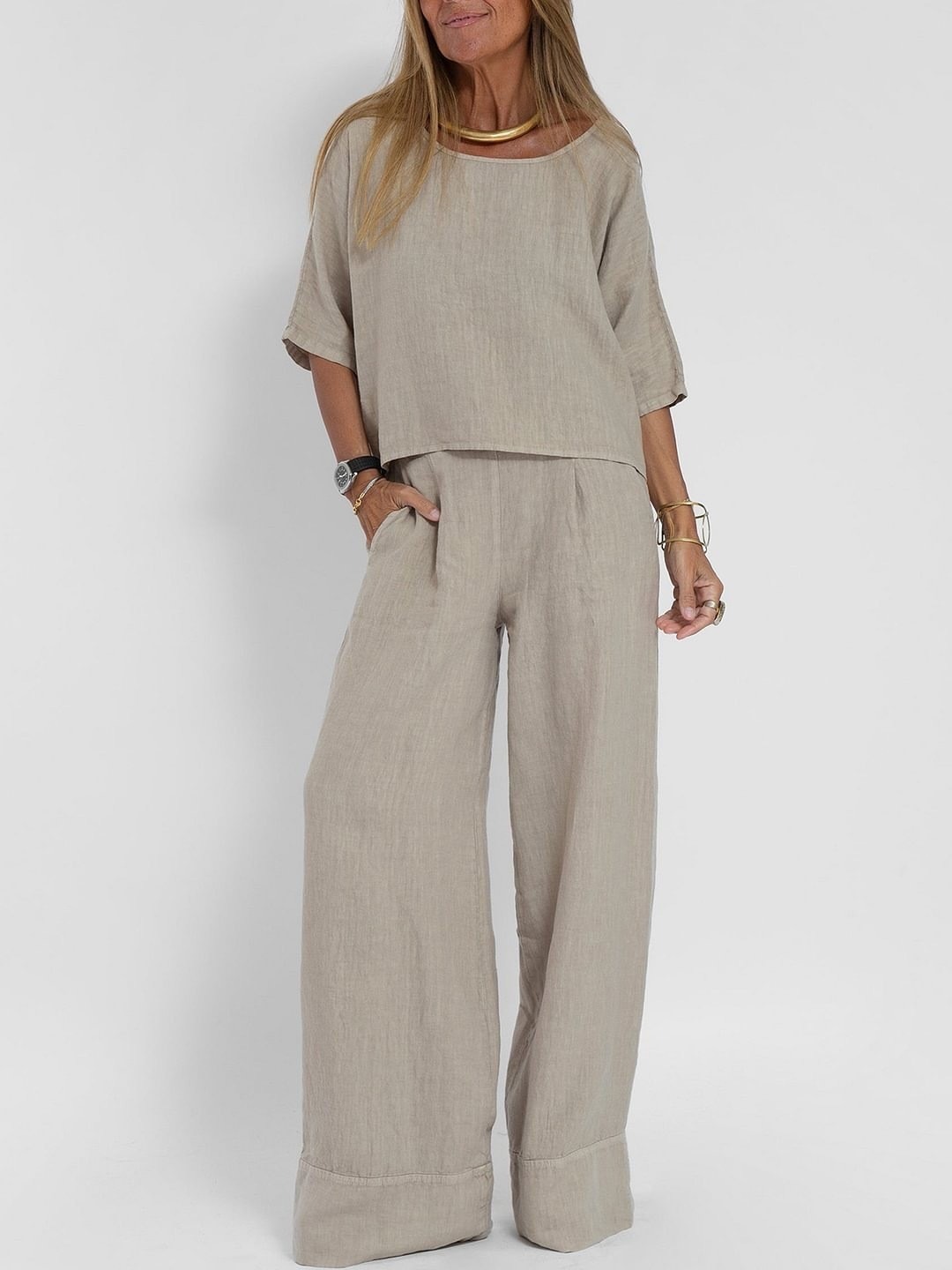 Women's Cotton Two Piece Wide Leg Pants Set - Image 5
