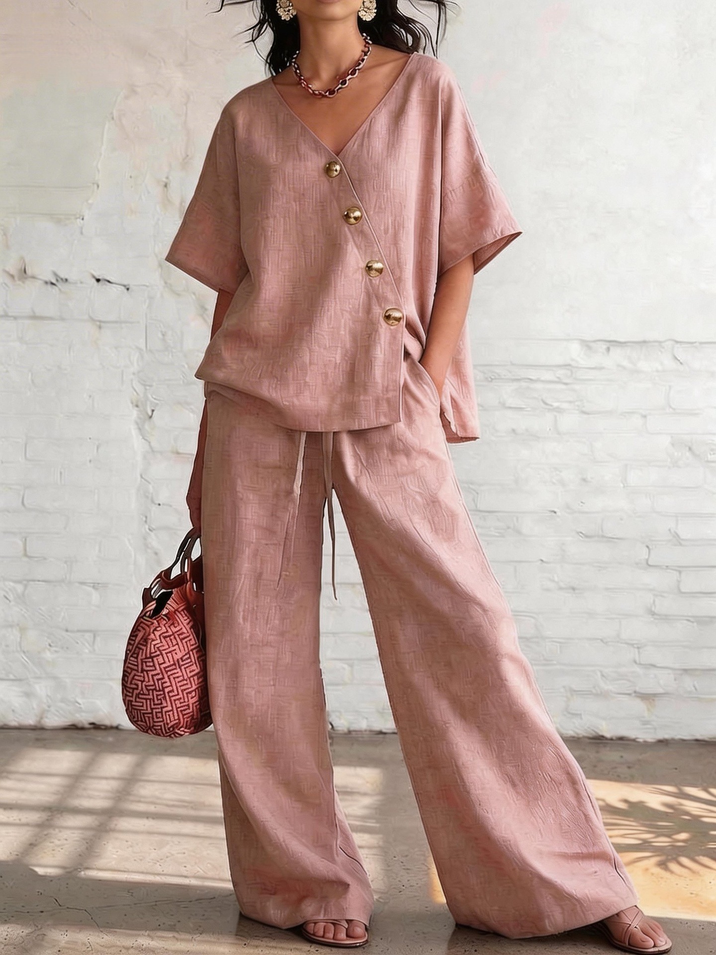 Irresistible Women's 2-Piece Linen Wide-Leg Pants Set | V-Neck Casual Outfit - Image 7