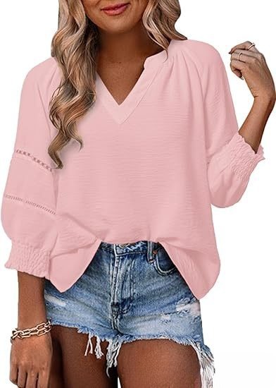 Women's V-Neck Puff Sleeve Blouse | Casual Loose Fit Smocked Cuff Top with Lace Trim Detail - Image 5