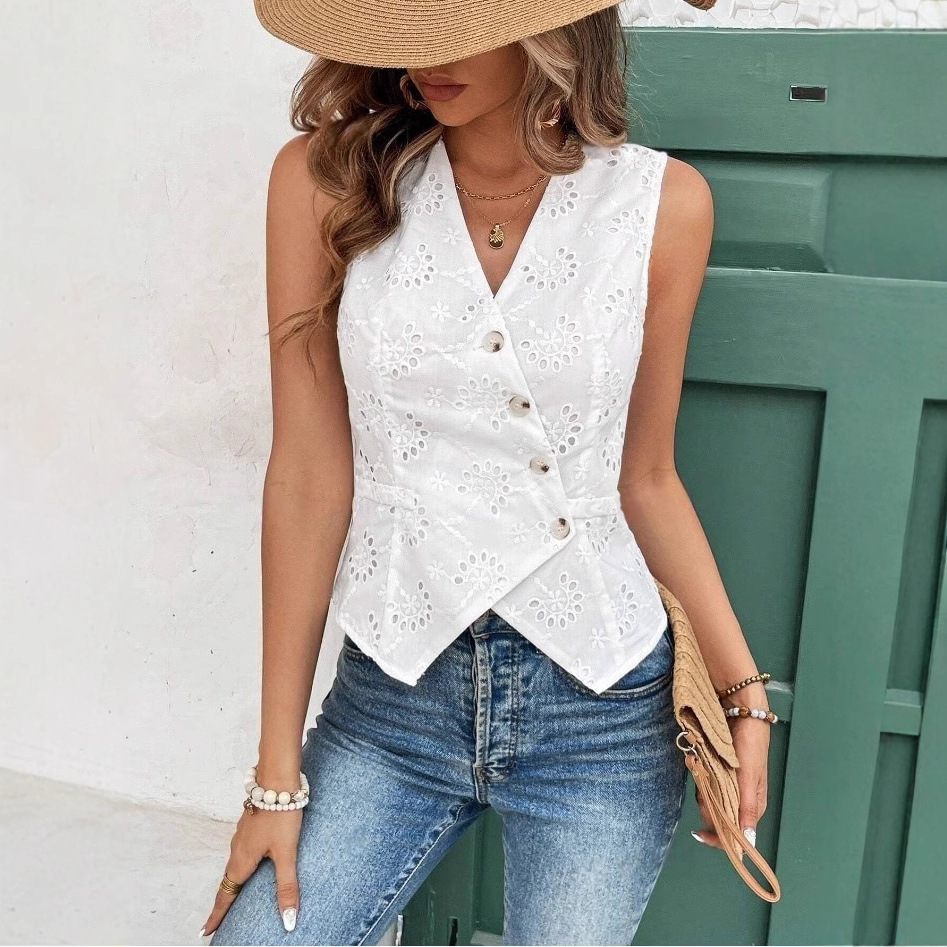 Women's White Eyelet Button Front Vest Top Petite