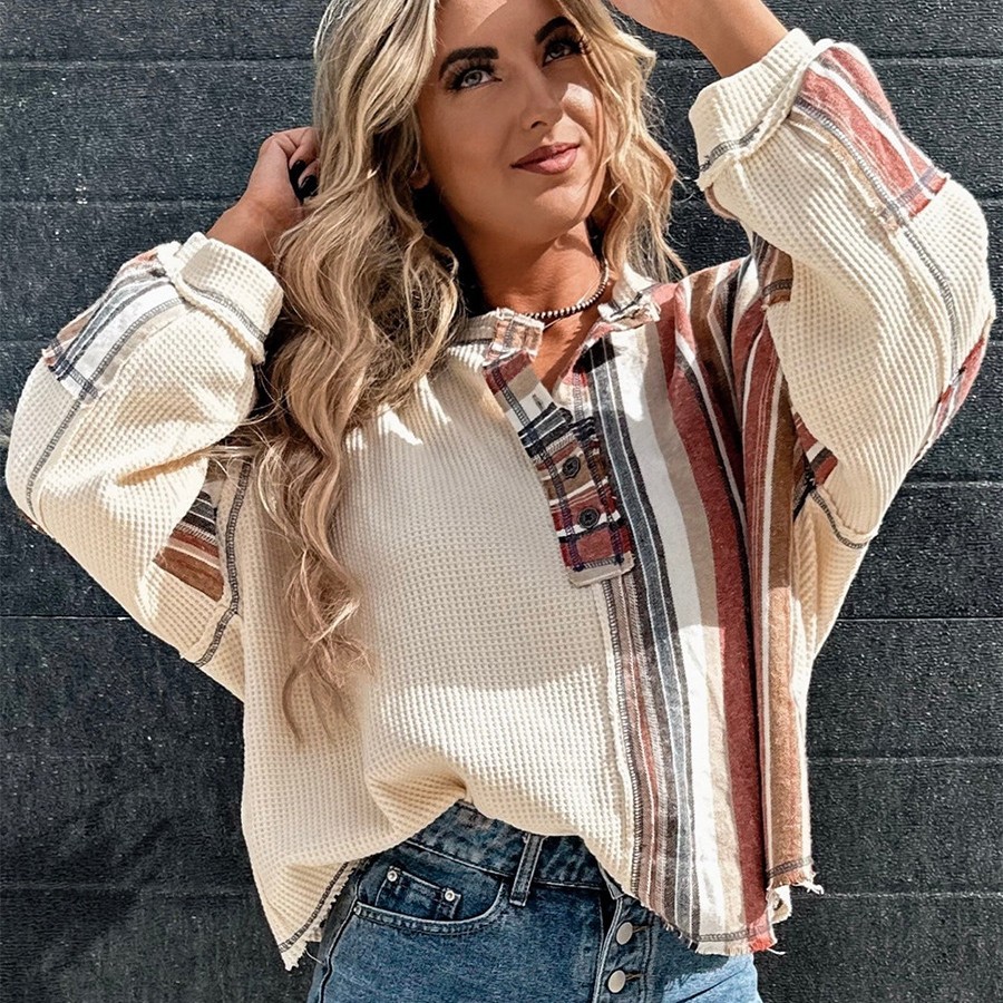 Waffle Knit Top - Trendy & Cozy Plaid Henley 3-Button