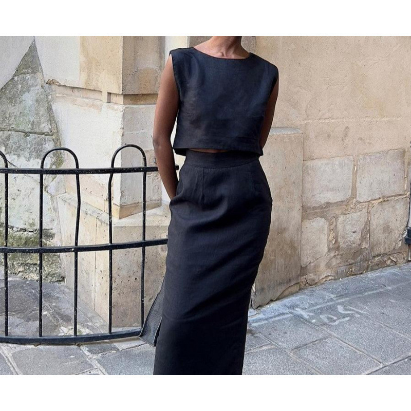 Elegant Linen Two Piece Crop Top & Midi Skirt Set - Image 7