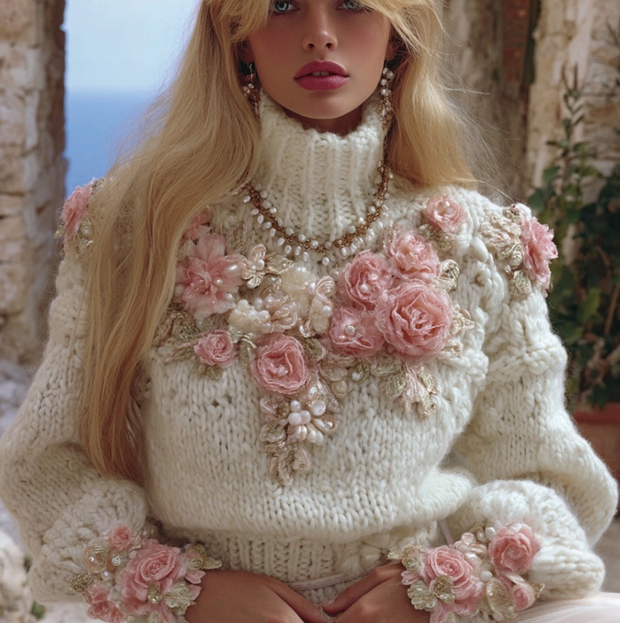 Breathtaking Women's 3D Floral Embellished Knit Sweater | 9 Sizes, Turtleneck - Image 2