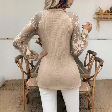 Lace Waffle Knit Top - Elegant Tie Front 3 Colors - Image 2