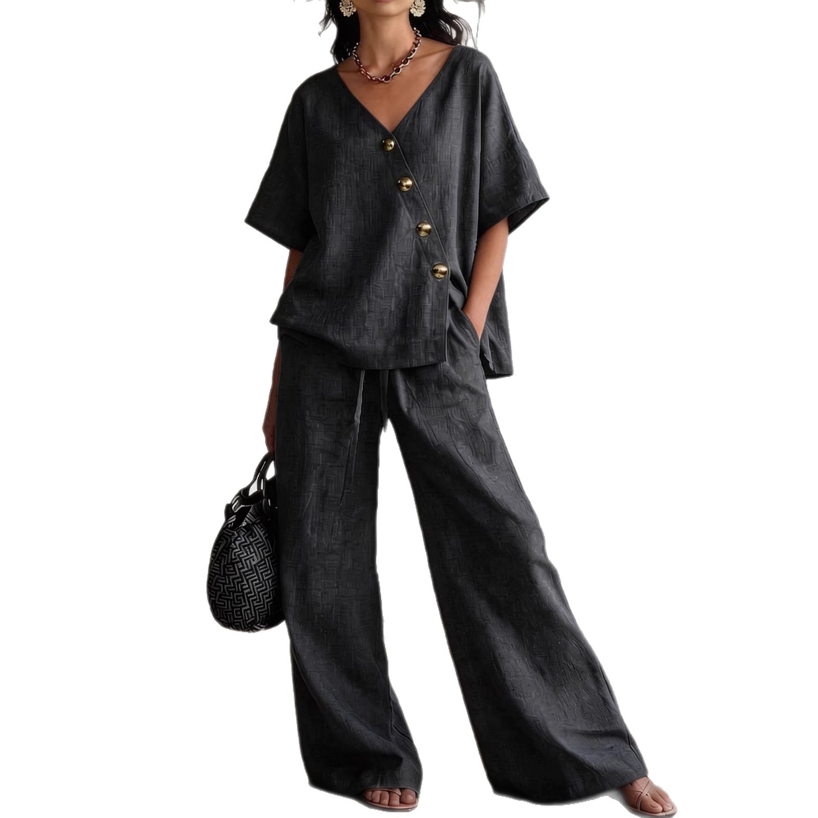 Irresistible Women's 2-Piece Linen Wide-Leg Pants Set | V-Neck Casual Outfit - Image 9
