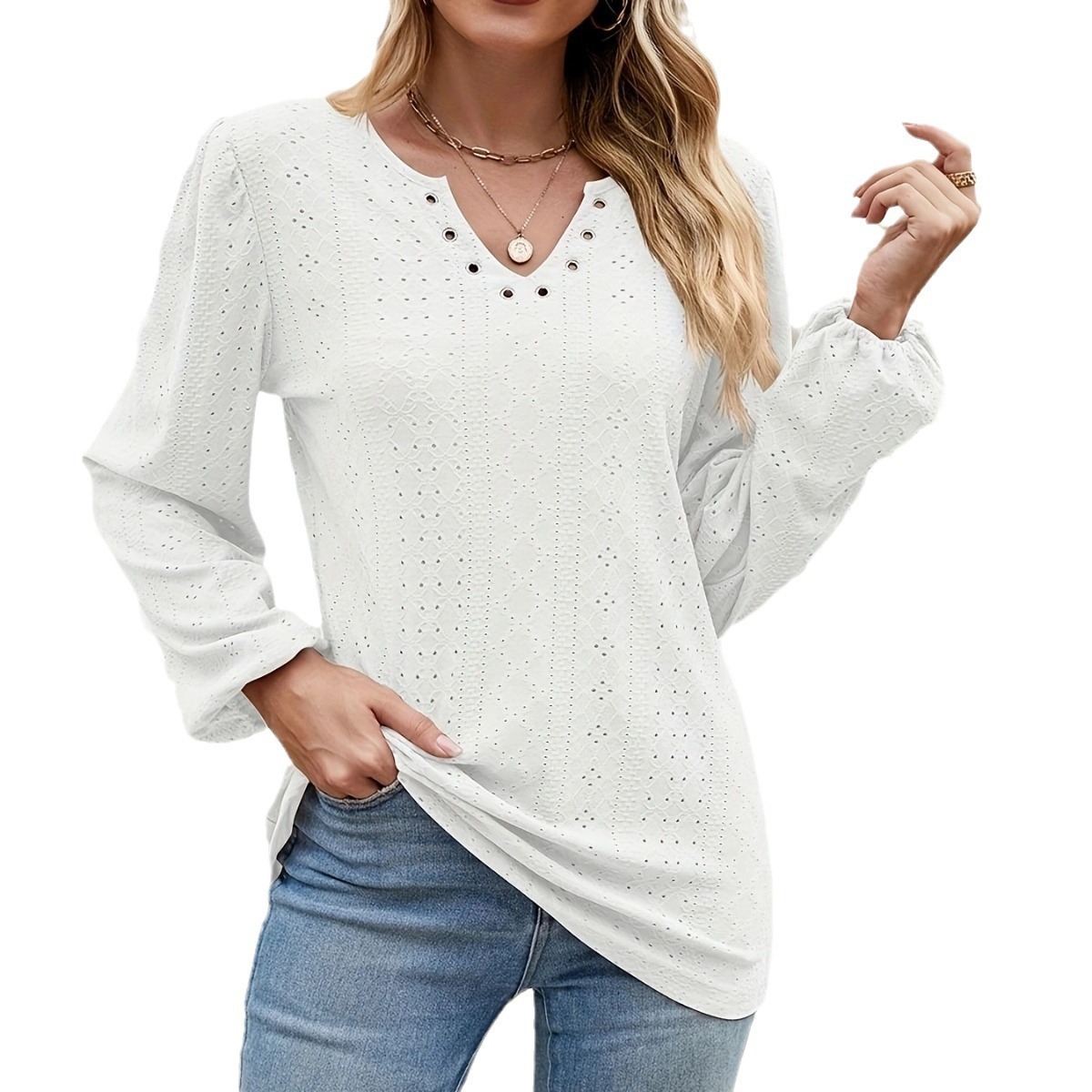 Elegant White Eyelet Puff Sleeve Blouse | Premium V-Neck Top for Women - Image 5