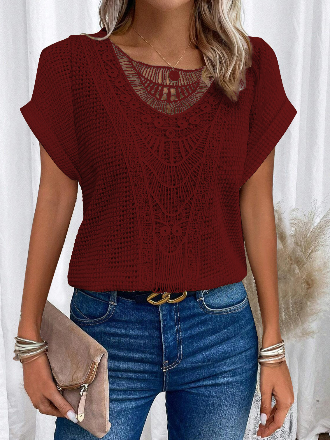 Lace Crochet Top: Elegant Short Sleeve Boho Blouse - Image 2