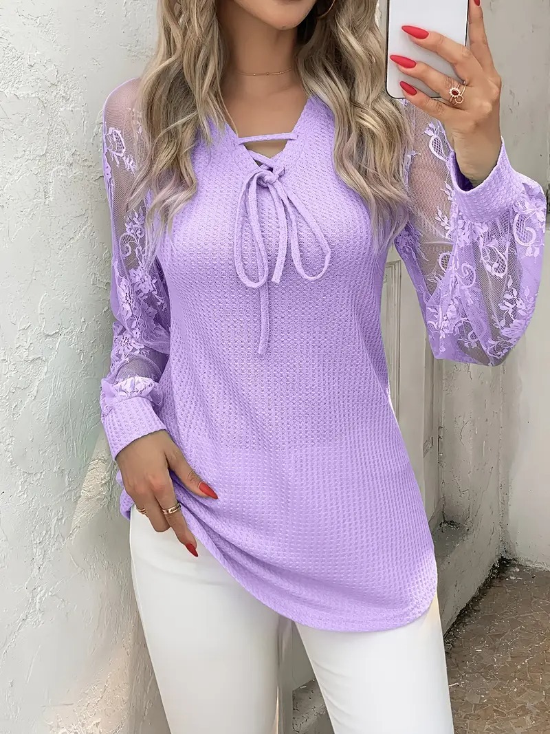 Lace Waffle Knit Top - Elegant Tie Front 3 Colors - Image 4