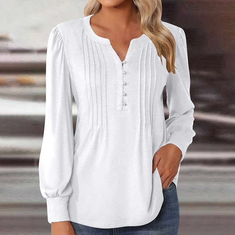 Sophisticated Pleated Henley Blouse – Elegant Long Sleeve Tunic Top