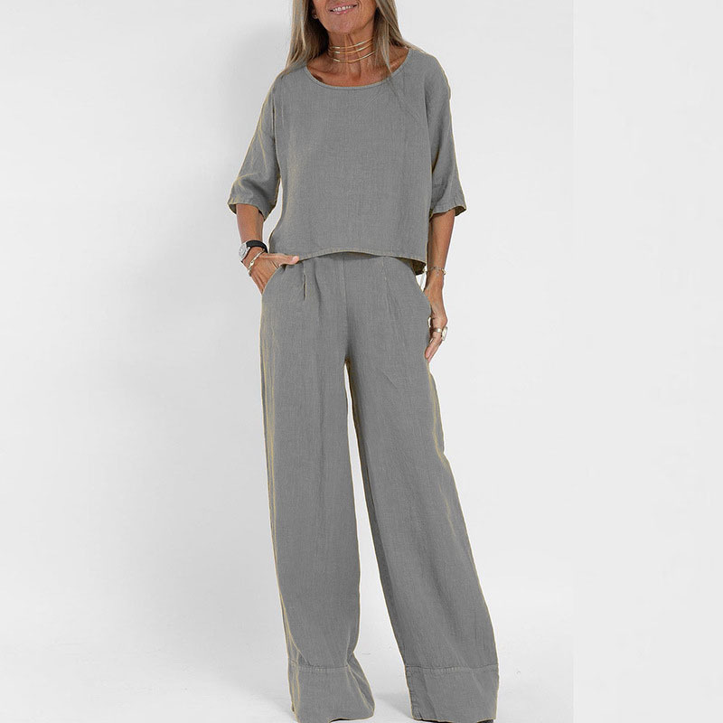 Women's Cotton Two Piece Wide Leg Pants Set - Image 10
