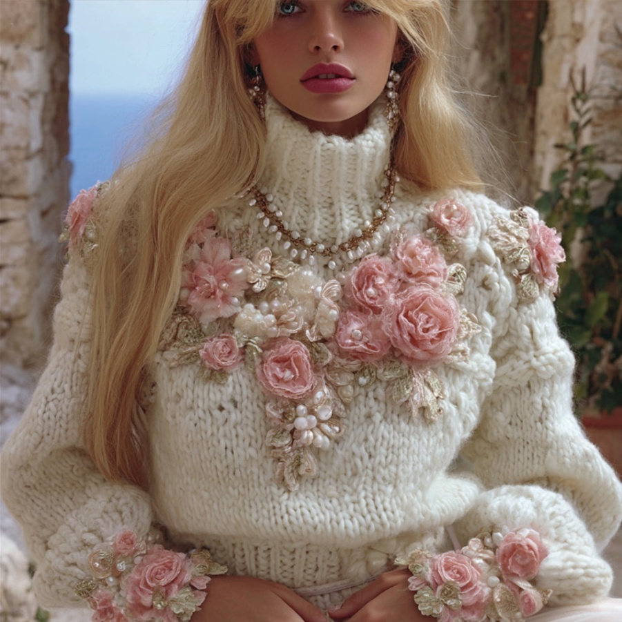 Breathtaking Women's 3D Floral Embellished Knit Sweater | 9 Sizes, Turtleneck - Image 6