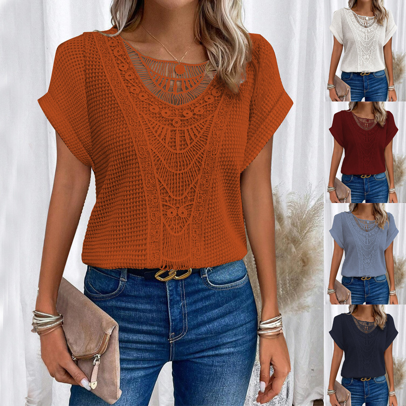 Lace Crochet Top: Elegant Short Sleeve Boho Blouse