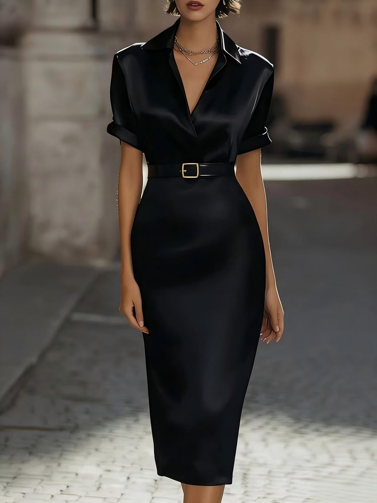 Glamorous Women's Satin Belted Midi Dress | 6 Colors, V-Neck Pencil Dress - Image 6