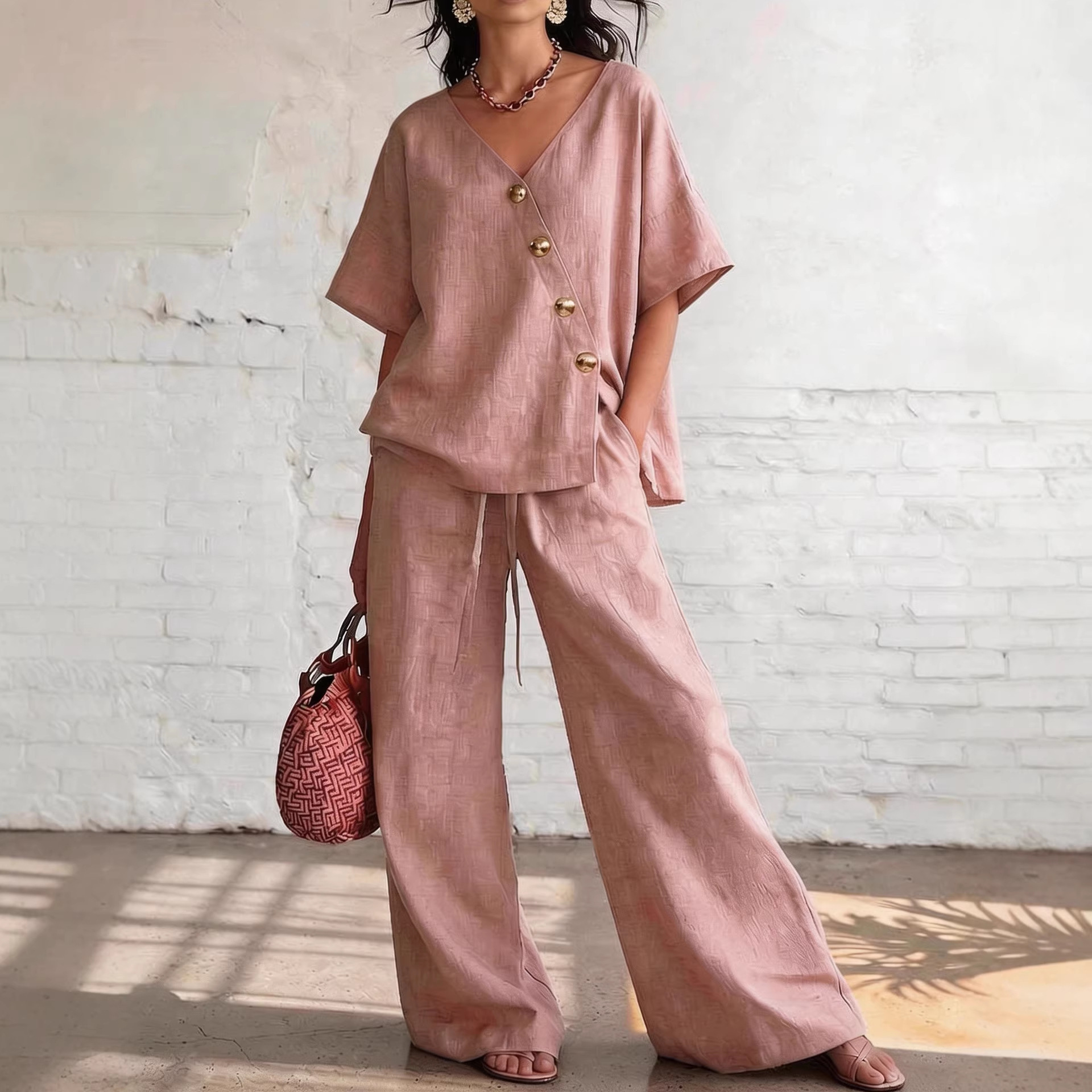 Irresistible Women's 2-Piece Linen Wide-Leg Pants Set | V-Neck Casual Outfit - Image 10