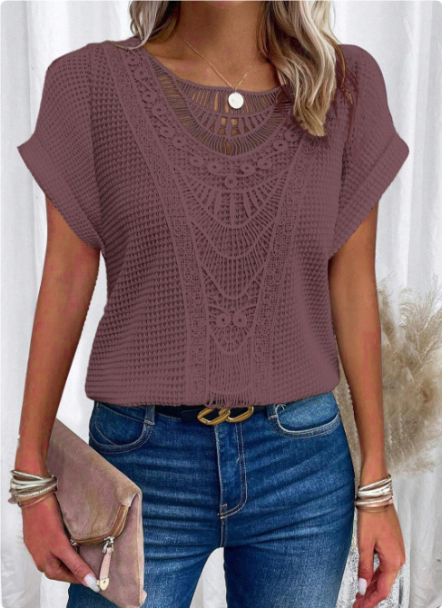 Lace Crochet Top: Elegant Short Sleeve Boho Blouse - Image 7