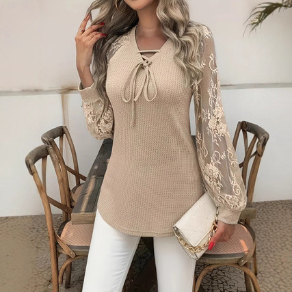 Lace Waffle Knit Top - Elegant Tie Front 3 Colors - Image 3