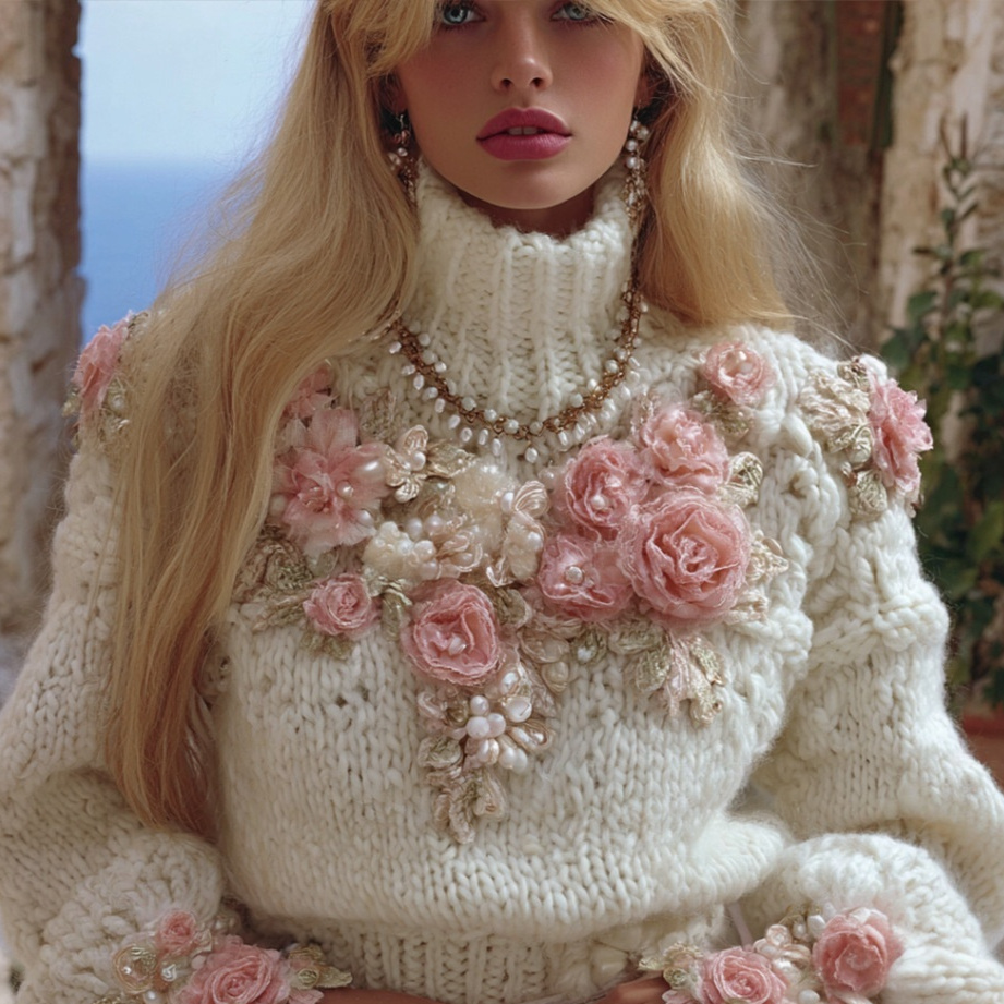 Breathtaking Women's 3D Floral Embellished Knit Sweater | 9 Sizes, Turtleneck