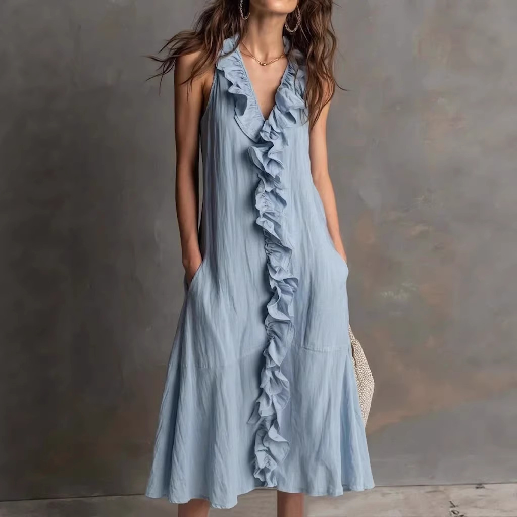 Women's Ruffle V-Neck Maxi Dress