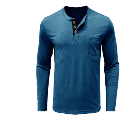 Classic Men's Henley Shirt - Long Sleeve Cotton Blend with Pocket - Image 3