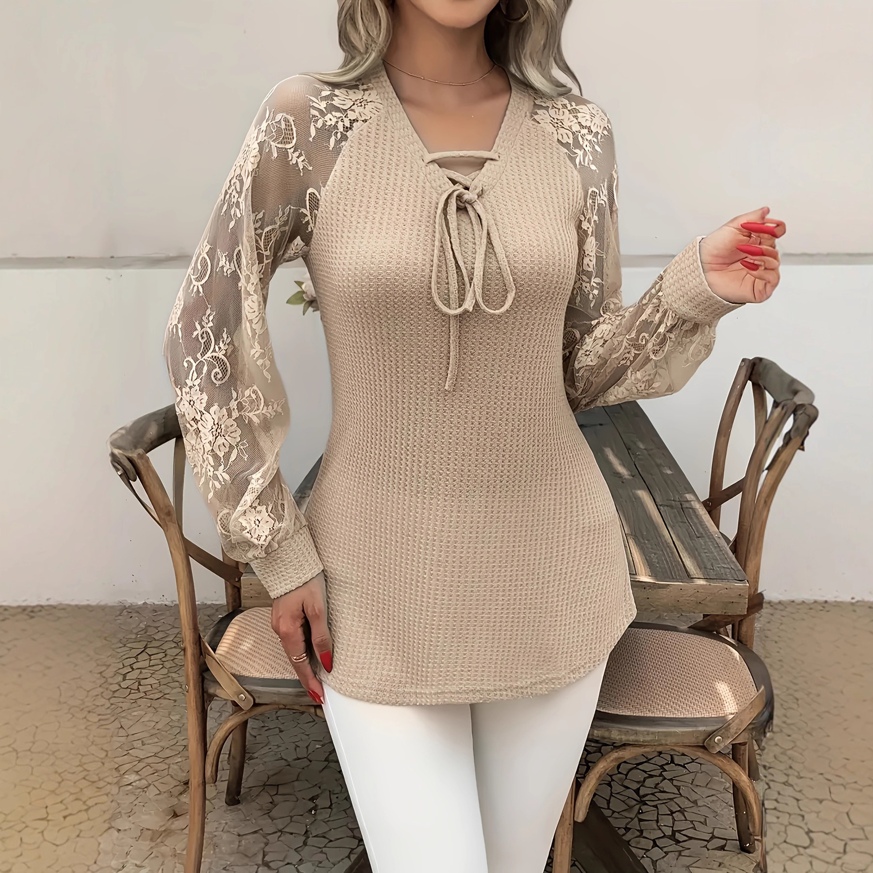 Lace Waffle Knit Top