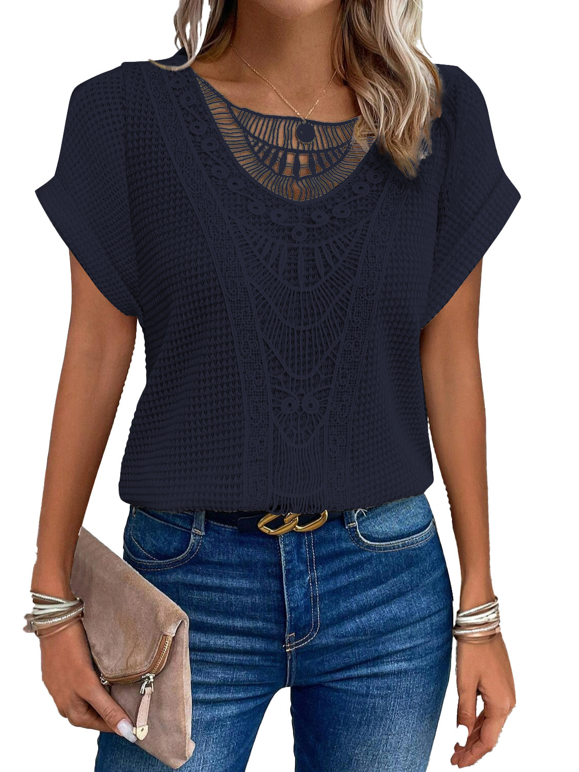 Lace Crochet Top: Elegant Short Sleeve Boho Blouse - Image 5