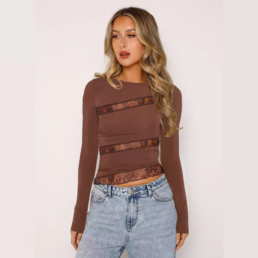 Irresistible Women's Lace Trim Crop Top |4 Colors, Slim Fit Long Sleeve