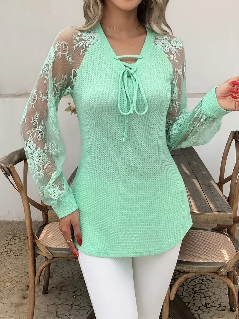 Lace Waffle Knit Top - Elegant Tie Front 3 Colors - Image 5