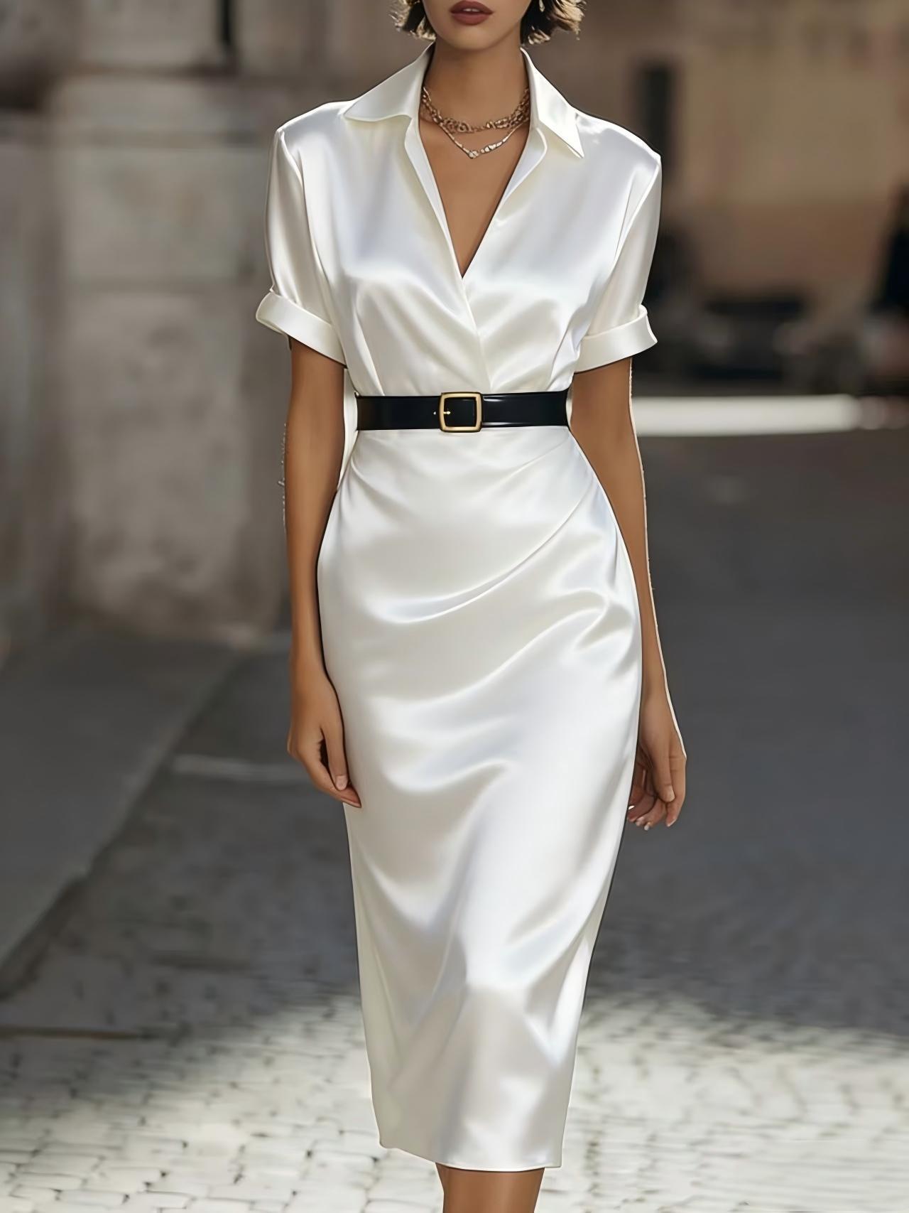 Glamorous Women's Satin Belted Midi Dress | 6 Colors, V-Neck Pencil Dress - Image 5