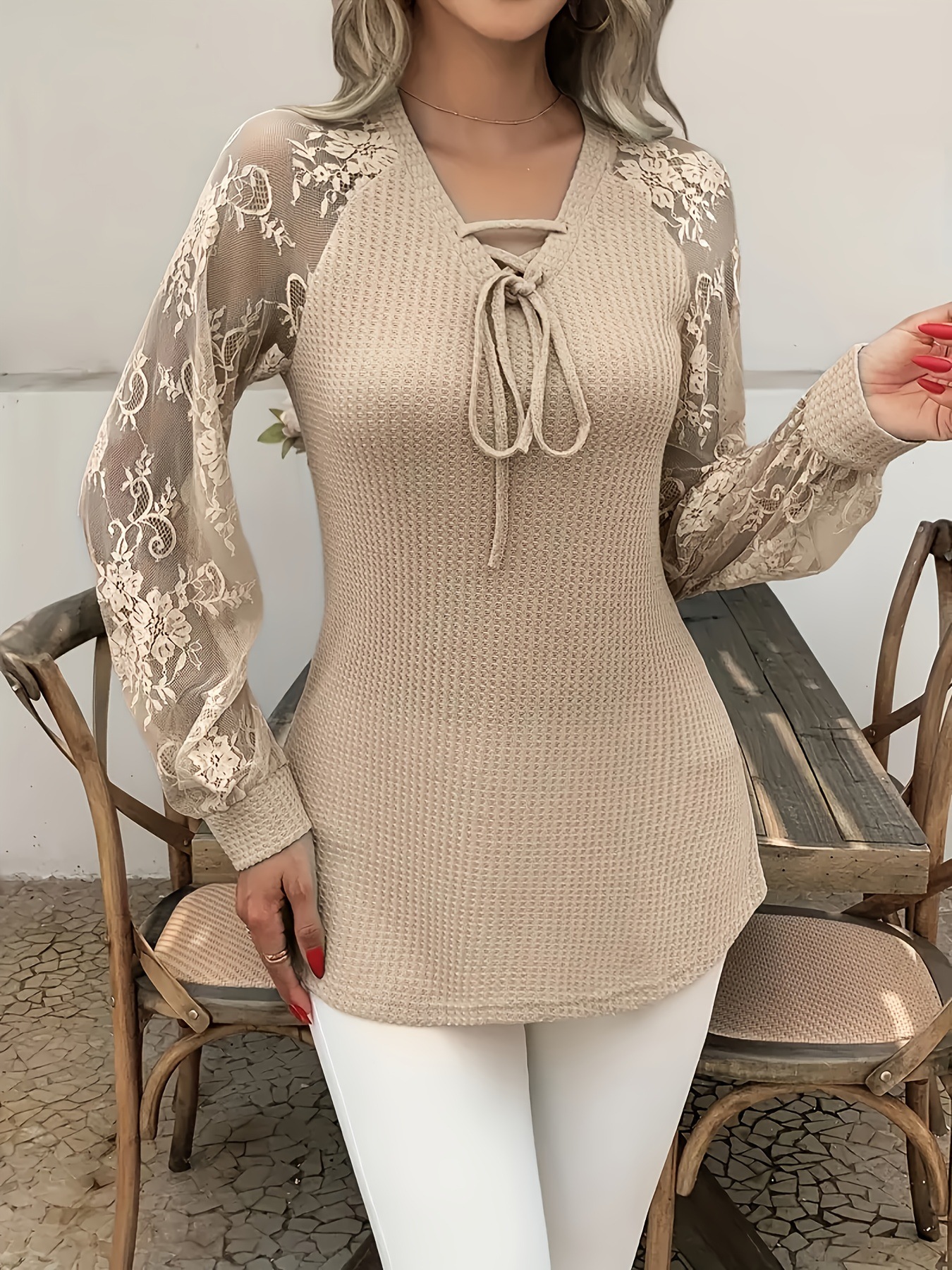 Lace Waffle Knit Top - Elegant Tie Front 3 Colors - Image 6